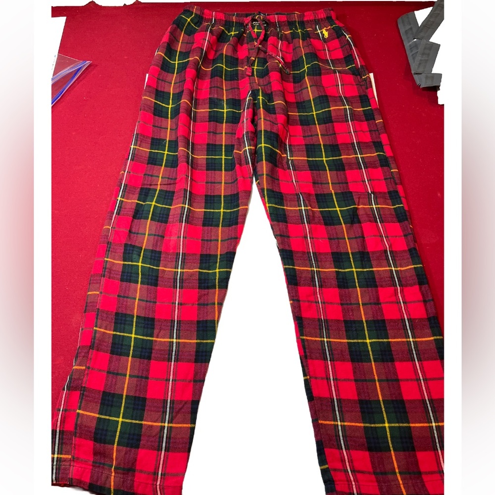 Polo Ralph Lauren PANTS M RED PLAID flannel Lounge mens stretch waist Pockets M